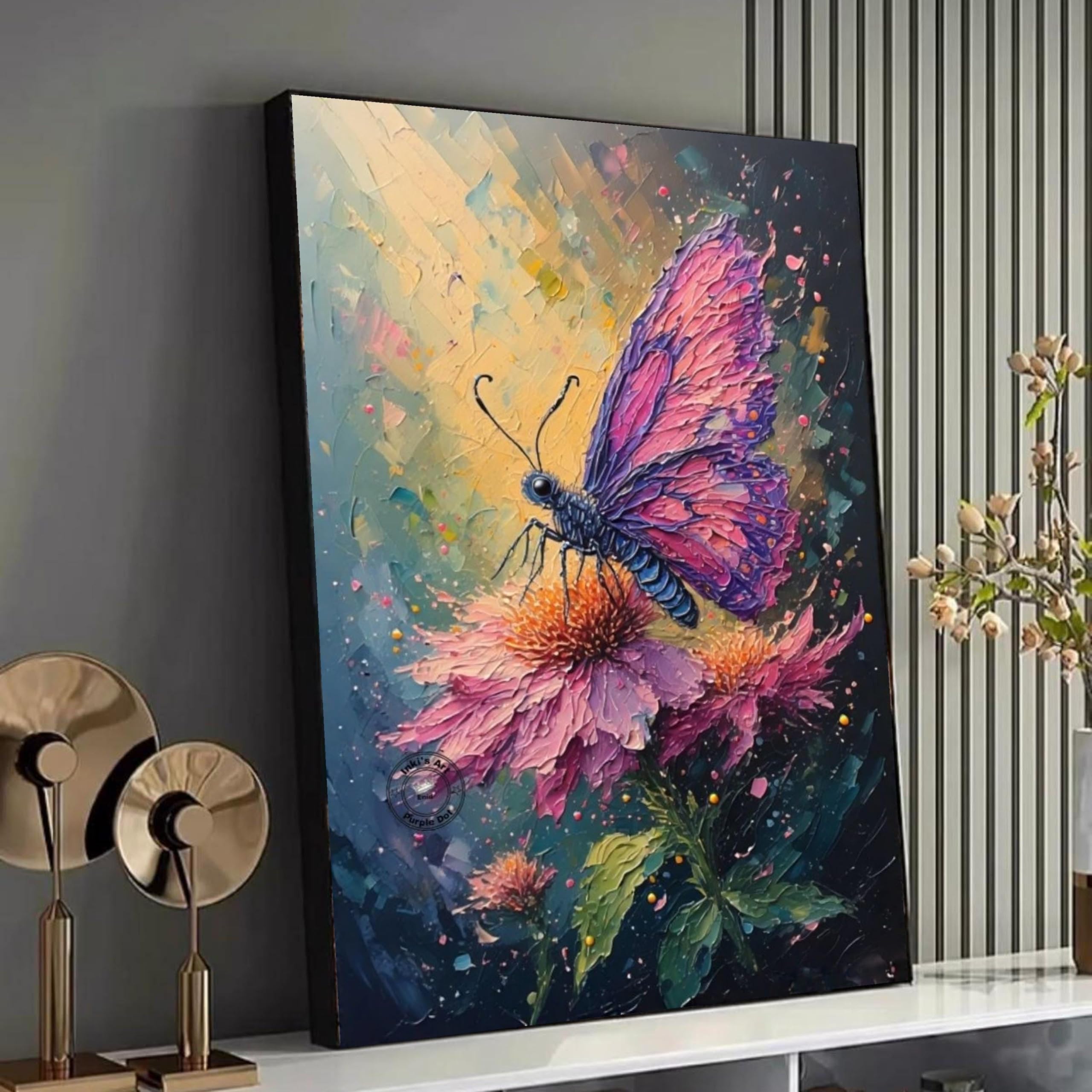 Décoration intérieure tableau papillon violet fleurs roses 50x70 - 8