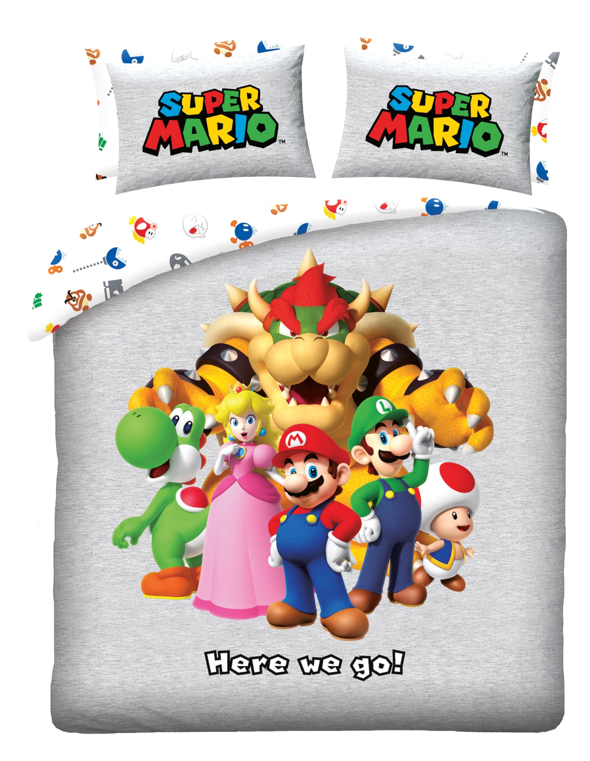 Super Mario Funda Nórdica Cama 150 240x220 + 2 Fundas Almohada Reversible | Ropa de cama 2 personas | Microfibra ultra suave secado rápido | Mario Luigi Peach Yoshi Bowser Toad | 2 diseños | Regalo