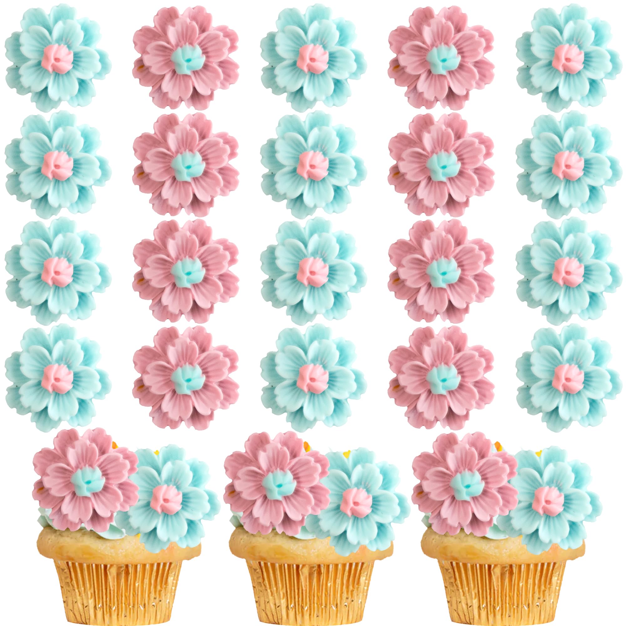 Gyufise 30Pcs Flowers Cupcake Toppers Cherry Blossoms Cupcake Picks Baby in Bloom Flower Birthday Cake Decorations for Wedding Engagement Baby Shower Birthday Gender Reveal Party Supplies Blue Pink