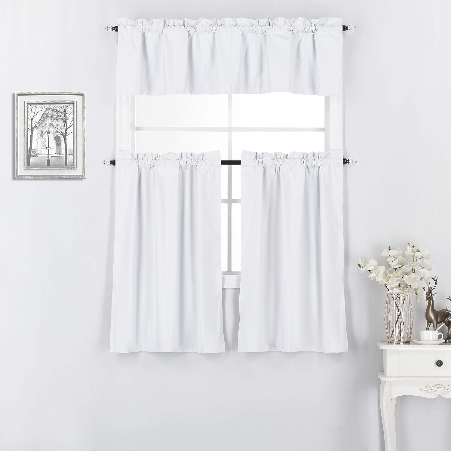 Diamond Home Linens 3 Piece 100% Blackout Lined Thermal Kitchen Window Treatment Curtain Tiers and Valance Set (36" Tiers & 14" Valance, Beige)