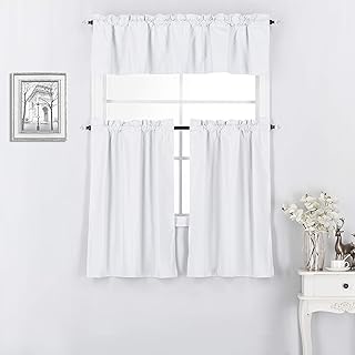 White 3 Piece 100% Blackout Kitchen Tier Curtains and Valance Set - Lined Thermal Window Treatment Blackout Drapes for Kitchen DÃ©cor - 36 Blackout Curtains and 14 inches Long Valance