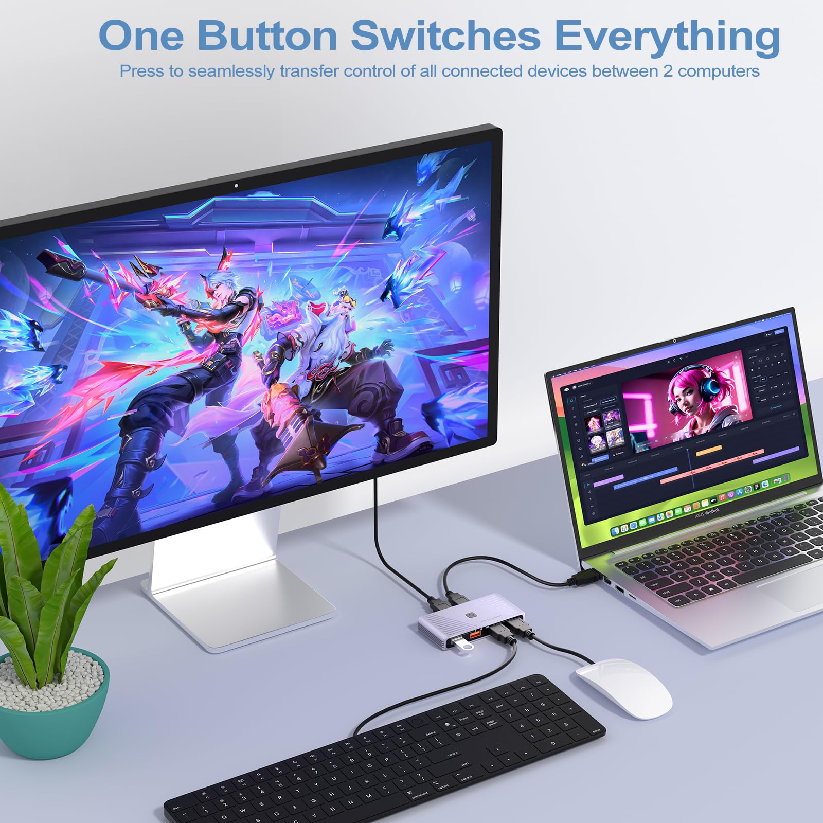 USB 3.0 Switch, 2 Computer Sharing 4 USB-Geräte, Ein-Knopf-Schalter für Tastatur, Maus, Drucker, Scanner, USB-Peripherie-Sharing-Hub für PC, Laptop mit 2 USB-3.0-Kabeln, Gehäuse aus Aluminiumlegierung
