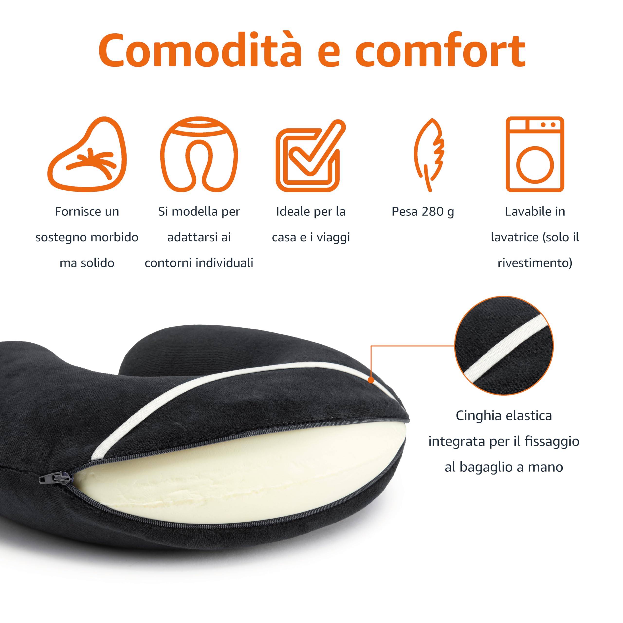 Amazon Basics Cuscino per il collo, in memory foam, 1 unità, Semicircolare, Nero