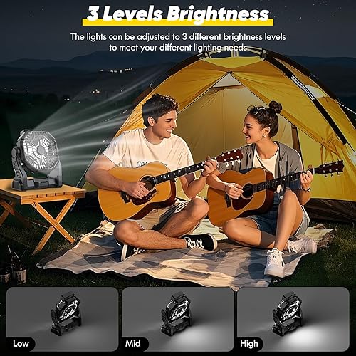 Miniatura 4 de Ventilador de campamento recargable, ventilador portátil real de 10000 mAh con luz LED y gancho, ventiladores a pilas de 10 pulgadas, ventiladores