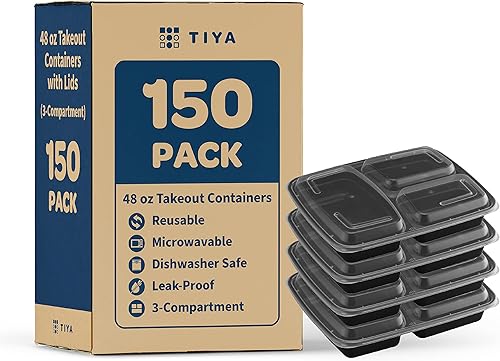 TIYA - Contenedores de comida para llevar, paquete de 150 unidades con tapas de 48 onzas, cajas de almacenamiento de plástico para llevar,