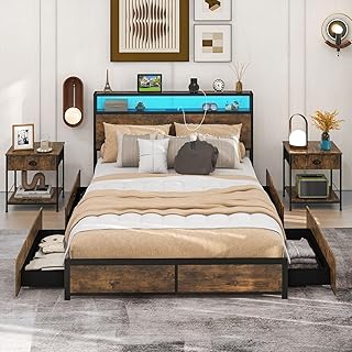COSTWAY 4FT6 Double/5FT King Metal Bed Frame with RGB LED Lights, Charging Station, Storage Headboard and 4 Underbed Drawers, Industrial Steel Slat Support Platform Bed Frame Base (King-220x157cm)