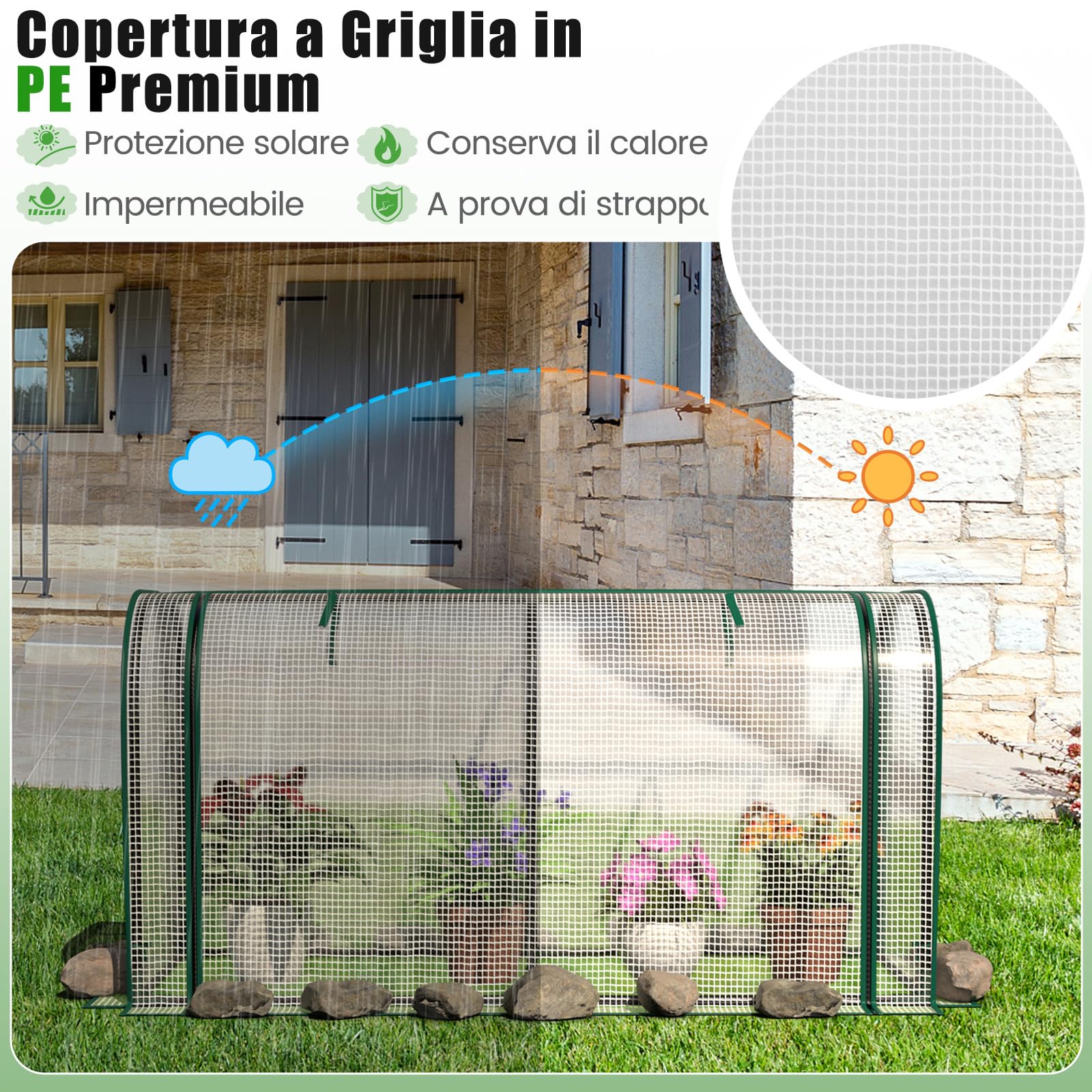 COSTWAY Mini Serra 118 x 55 x 60 cm, Serra con Copertura Impermeabile e Protettiva dal Sole in PE, Struttura Metallica Resistente alla Ruggine e Porta con Cerniera Arrotolabile (Bianco)