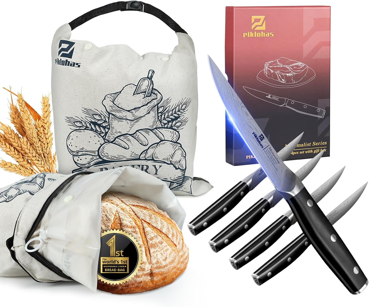 Reusable Bread Bags for Homemade Bread+Steak Knives Set of 4