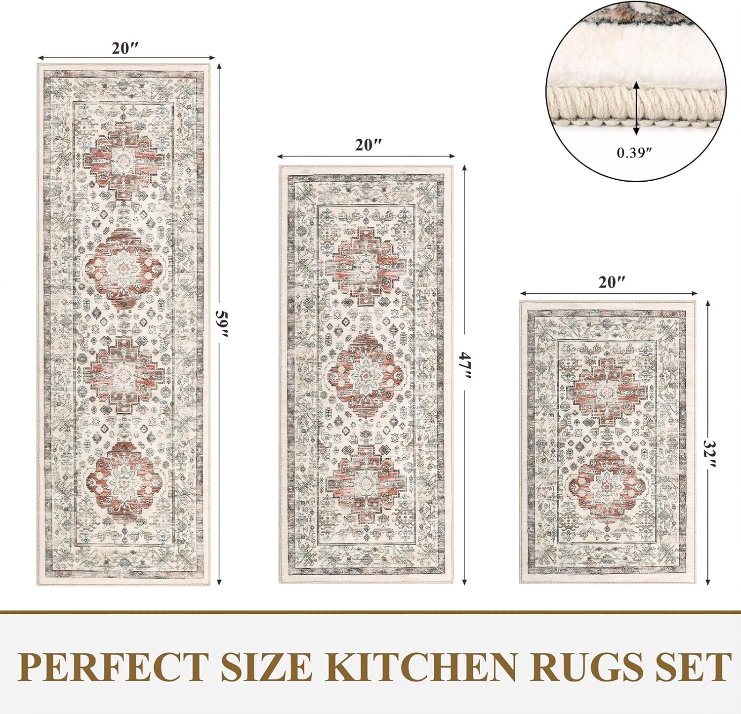 Pauwer Kitchen Rugs Sets of 3 Non Slip Washable Kitchen Mats for Floor Farmhouse Kitchen Floor Mat Runner Rug Boho Kitchen Sink Rug Carpet for Kitchen Hallway Laundry Room, Ivory