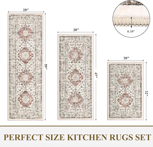 Miniatura 42 de Pauwer Juego de 3 alfombras de cocina antideslizantes y lavables para el suelo, alfombra de pasillo de cocina, alfombra bohemia para fregadero