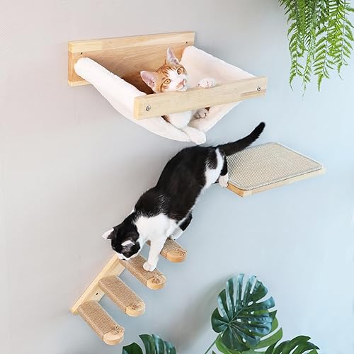 FUKUMARU Muebles de pared para gatos, juego de 3 estantes de pared para gatos, estante de madera maciza de goma para gatito para dormir, jugar,