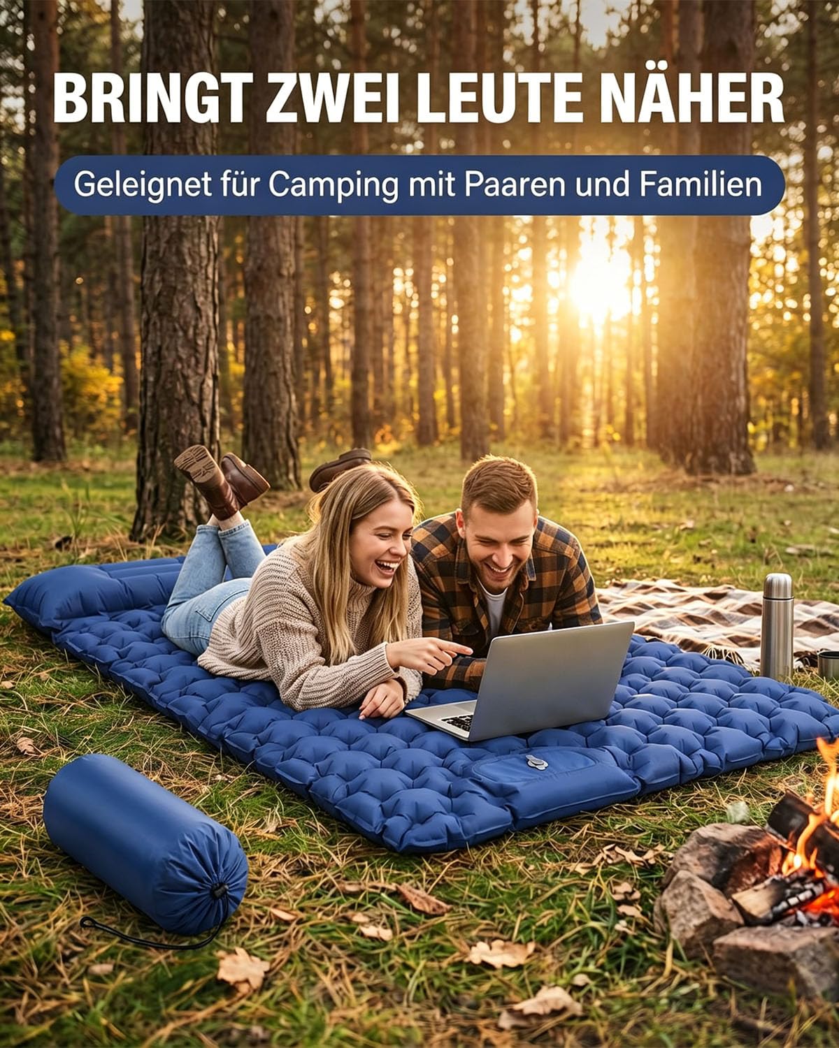 Isomatte Camping für 2 Personen, Verdicktes Aufblasbare Luftmatratze mit Fußpumpe & Kissen, 40D-Nylon Wasserdicht Camping Matratze Aufblasbar, für Reise, Outdoor, Kleines Packmaß, 200 x 125cm(Blau)
