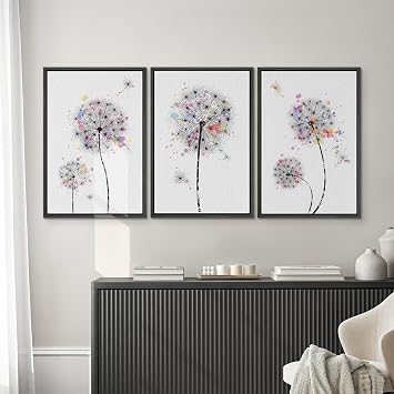 SIGNWIN Framed Canvas Print Wall Art Dandelions & Watercolor Dots Floral Wilderness Drawings Modern Art Rustic Closeup Multicolor Ultra for Living Room, Bedroom, Office - 24x36x3 Black
