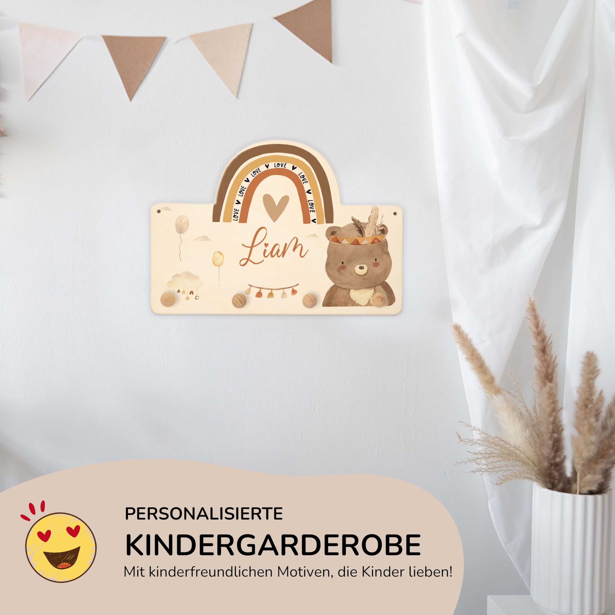 Kidsmood - Kindergarderobe Personalisiert mit Namen - Wandgarderobe mit 4 Hacken aus Holz inkl. Dübel & Schrauben - Garderobe für Baby & Kleinkinderzimmer - Geschenk zur Geburt & Taufe [40x27,5 cm]
