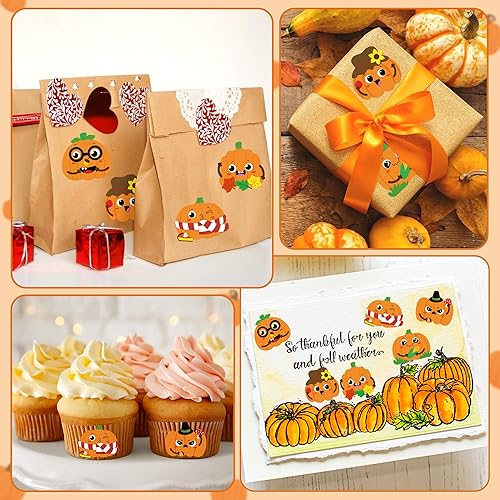 Miniatura 6 de Haooryx Rollo de 300 calcomanías de calabaza de otoño para hacer una cara, haz tu propia cara de calabaza, calcomanías adhesivas para mezclar y
