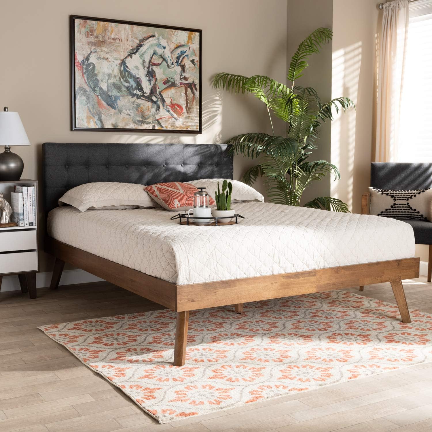 Baxton Studio Devan Full Size Dark Gray Fabric Walnut Finished Platform Bed