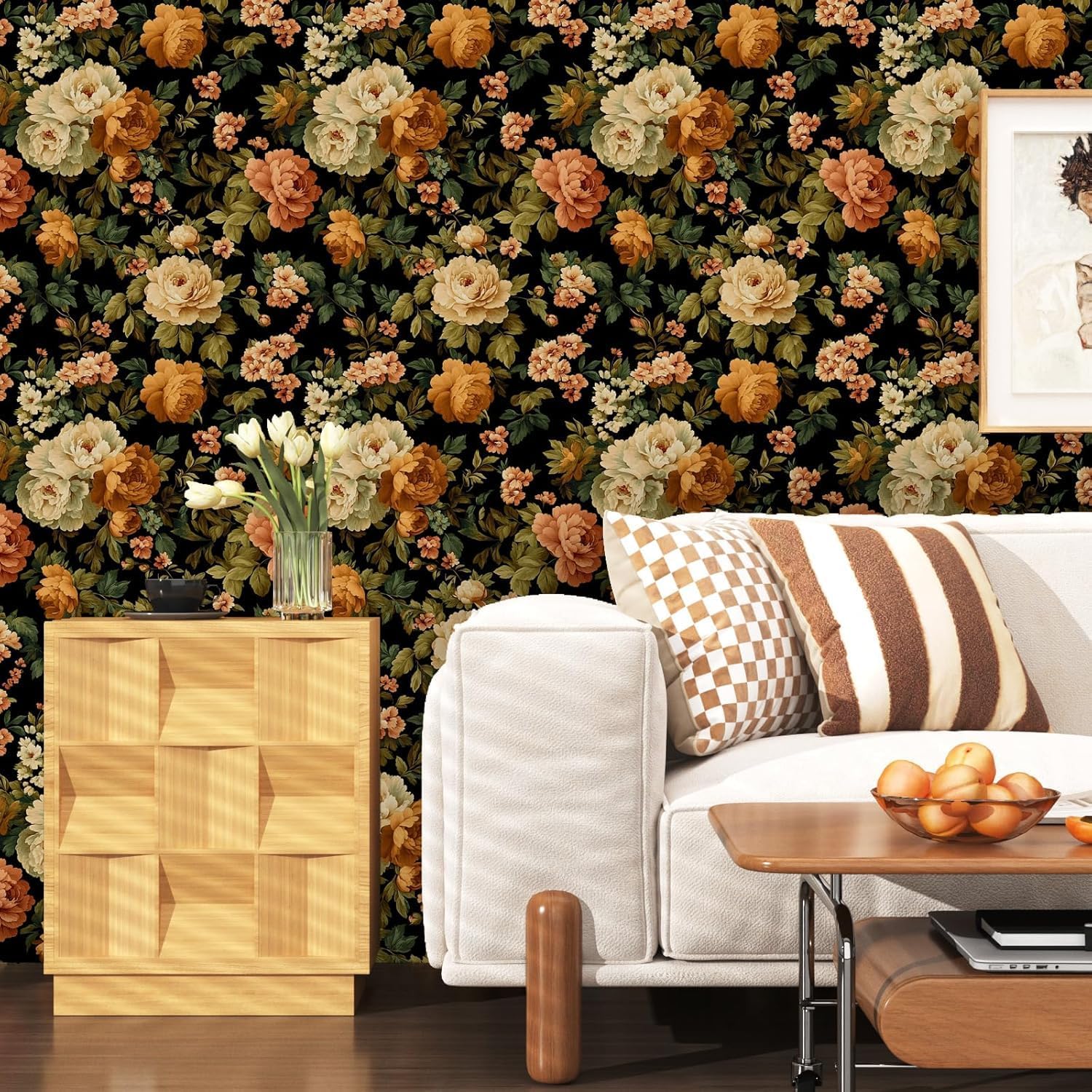 Fvlow Black Green Floral Wallpaper Peel and Stick 17.4" x 394" Dark Rose Moody Contact Paper Waterproof Self Adhesive Covering for Bedroom Bathroom Kitchen Abstract Art Home Decor