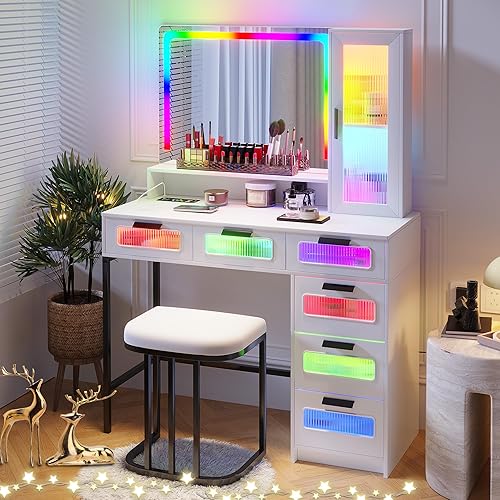 Miniatura 9 de HNEBC - Mesa de tocador RGB con espejo y luces, mesa de maquillaje con espejo LED y estación de carga USB/inalámbrica, juegos de mesa de tocador con