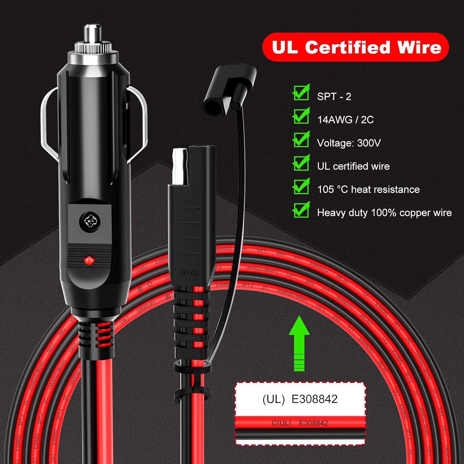 Extractme 10FT Cigarette Lighter SAE Battery Charger Cable, 14AWG 12V Cigarette Lighter Plug to SAE Quick Release Adapter Extension Charging Cable with Fuse and LED Light