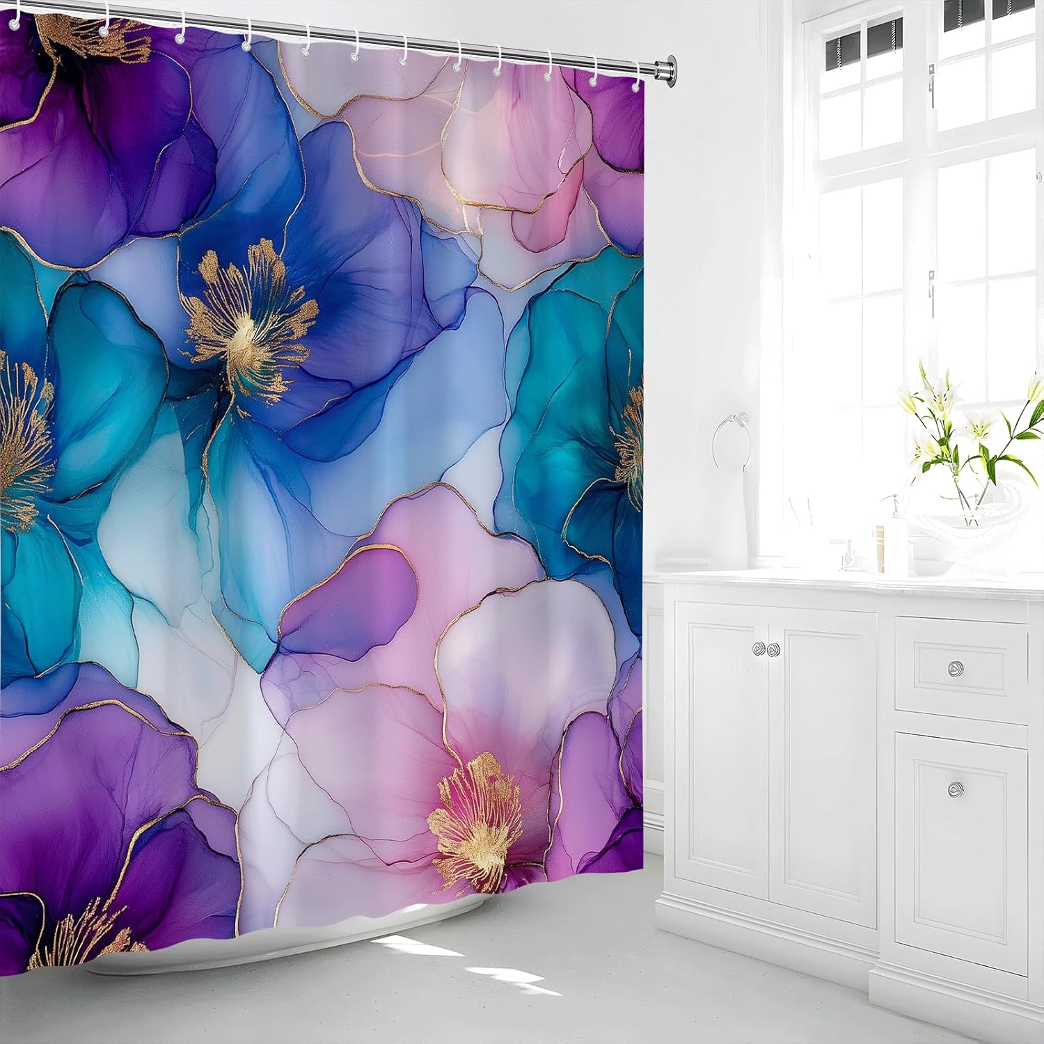 Abstract Floral Shower Curtain Blue Purple Marble Colorful Modern Art Fashion Girl Texture Aesthetic Watercolor Fabric Bathroom Curtain with Hooks 70Wx90H Inch