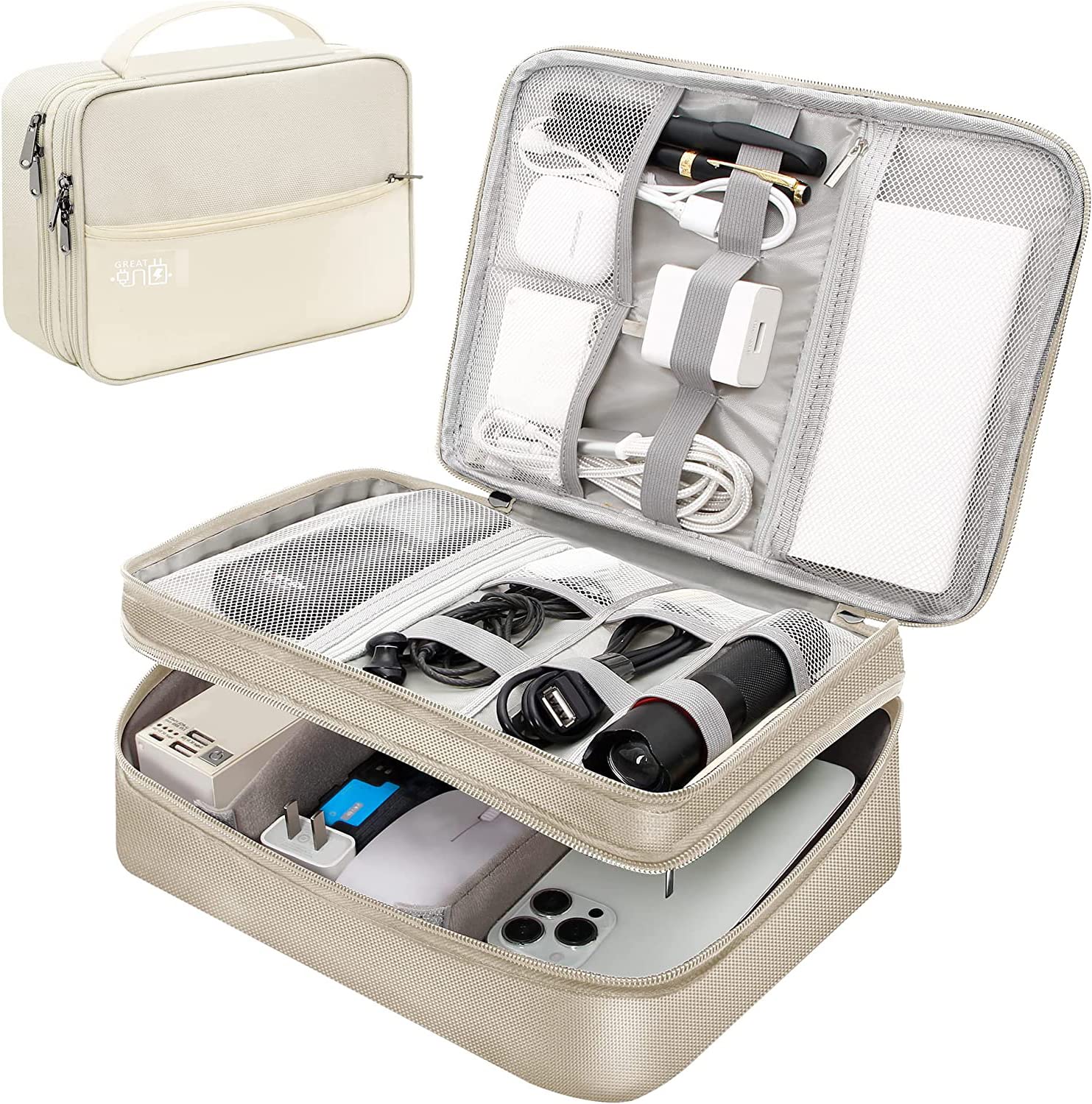 House of Quirk Electronics Travel Organizer, Double Layer Cable Organizer Bag Watreproof Electronics Accessories Storage Bag for Cord, Charger, Phone, Power Bank, Hard Drive (Beige), Polyester