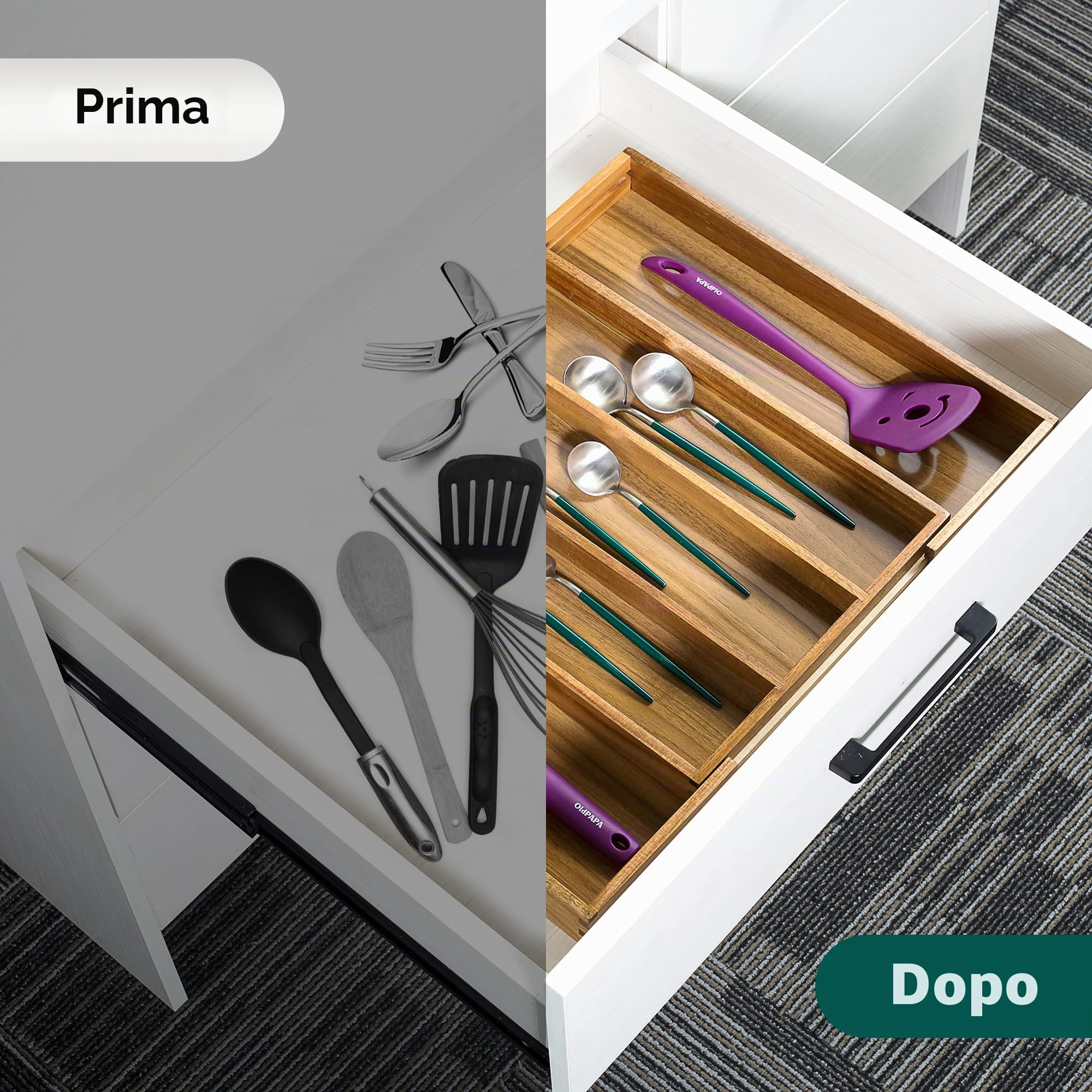 Utoplike Organizer per cassetti da cucina in acacia, espandibile