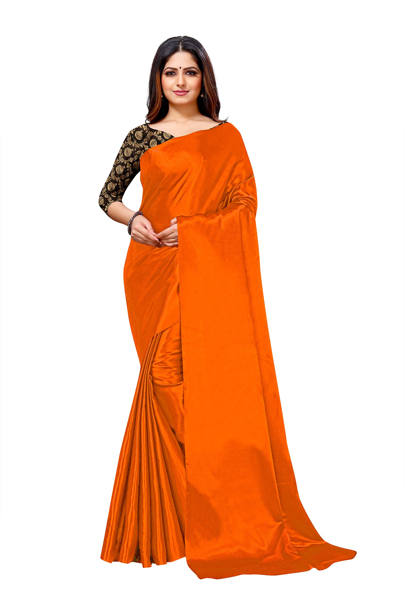 FABMORAWomen's Plain Weave Satin Saree With Unstitched Blouse Piece, Orange, 5.5m