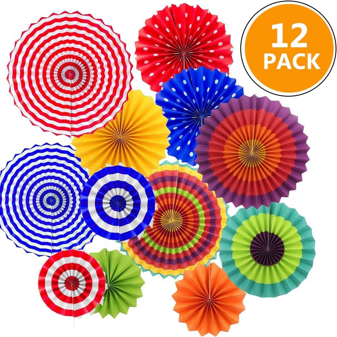 Sonnis Hanging Paper Fans,Tissue Paper Pom Poms,Paper Lanterns for Wedding,Baby Shower,Birthday Party Decorations Favor Supplies (Multicolor fans-12pcs)