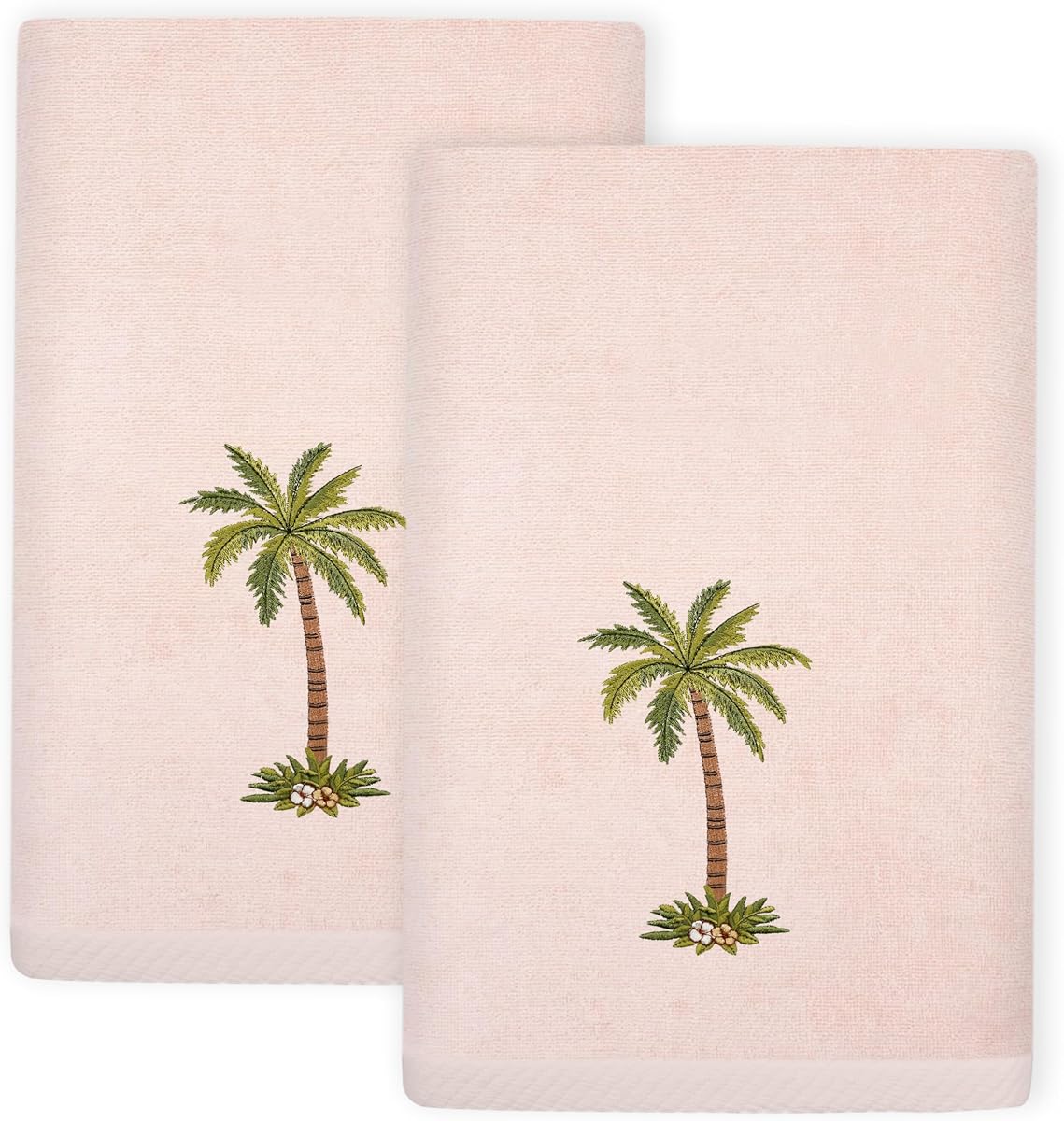 Flourish 2-Piece Fingertip Towel Set, Elegant Palm Tree Applique, Luxurious Turkish Cotton, Absorbent & Stylish, Unique Bathroom Accessory, 2 Fingertip Towels, Blush
