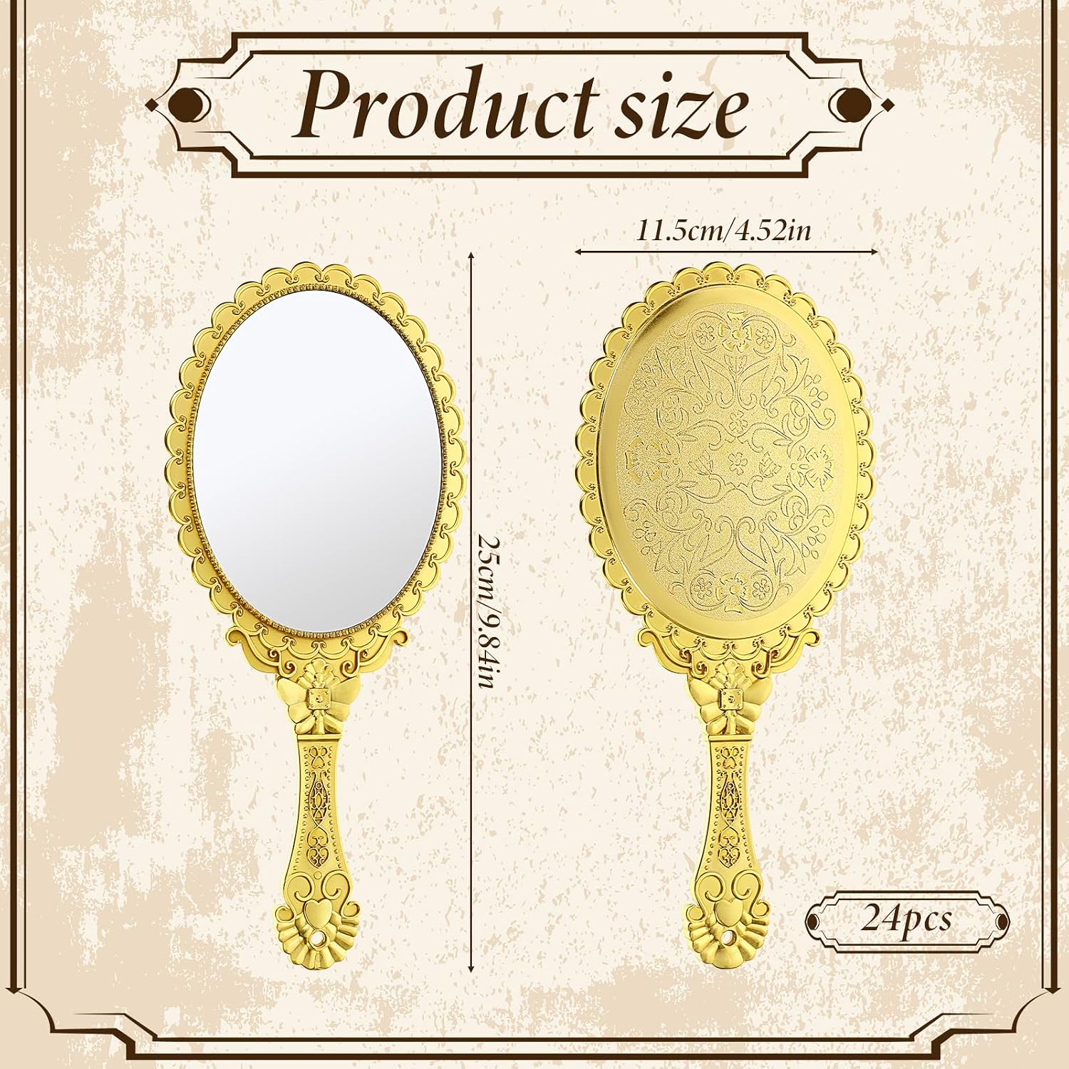 24 Pcs Vintage Handheld Mirror for Makeup with Handle 9.8" L x 4.5" W | Portable Hand Held Embossed Flower Retro Compact Mirror with Handle for Wedding Princess Quinceanera Party Favors