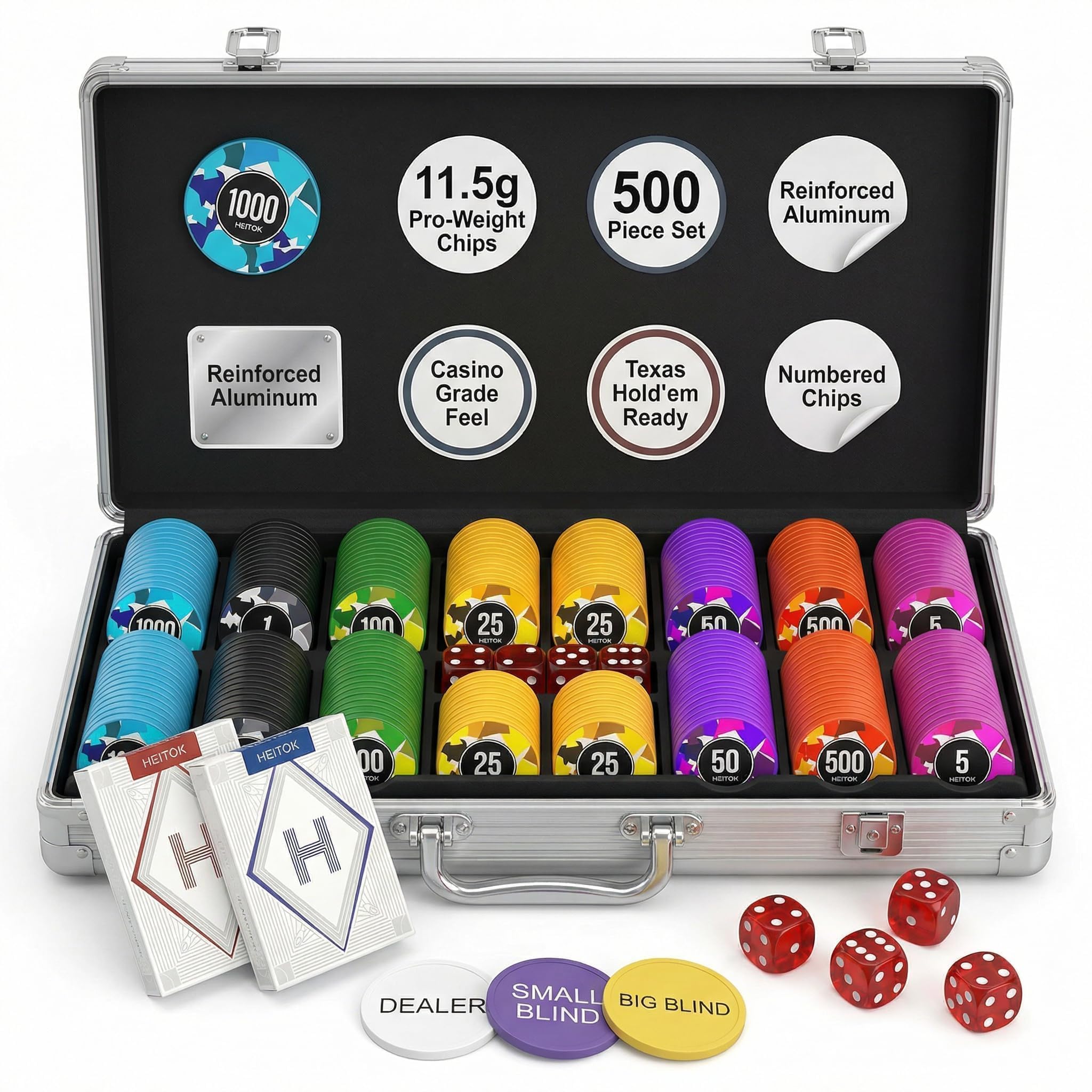 500 Piece Poker Chip Set - 11.5g Heavyweight Numbered Chips with Aluminum Case, Metal Dealer Button, 2 Decks Cards - Professional Casino Grade Texas Holdem Set for Adult Game Night