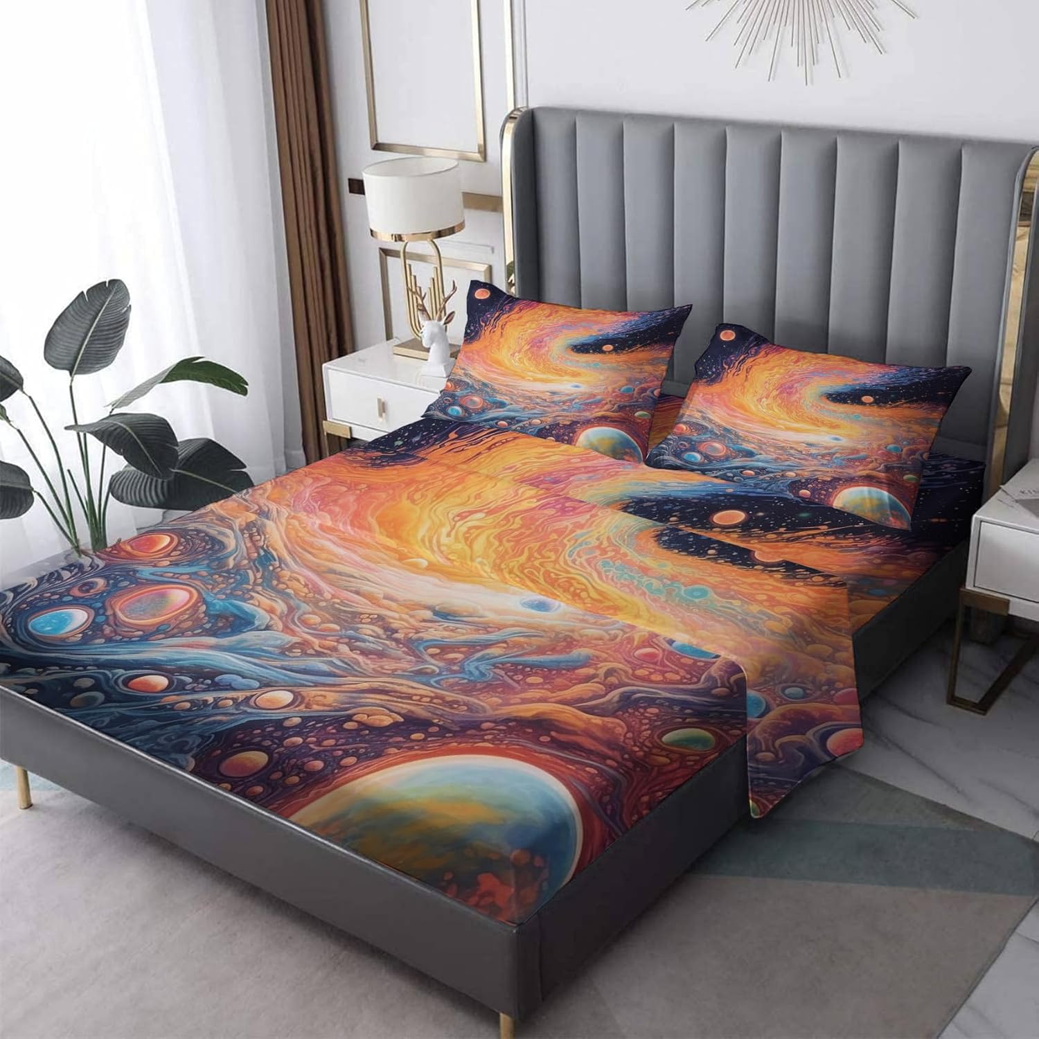 Galaxy Sheets Twin Size, Celestial Space Bed Sheets, Patterned Bedding Sheets & Pillowcases 3 Piece Set - Soft Microfiber Deep Pocket Fitted Sheet & Flat Sheet & Pillow Case J6-&-124