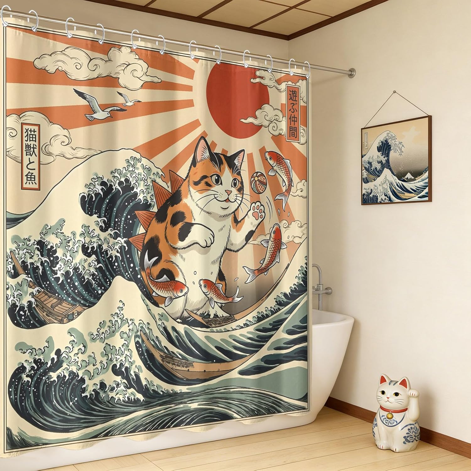 Japanese Ukiyo-e Cat Shower Curtain Set Great Wave Art Waterproof Bathroom Shower Curtain Feline Koi Fish Print Vintage Home Decor 72x72 Inch with 12 Plastic Hooks.