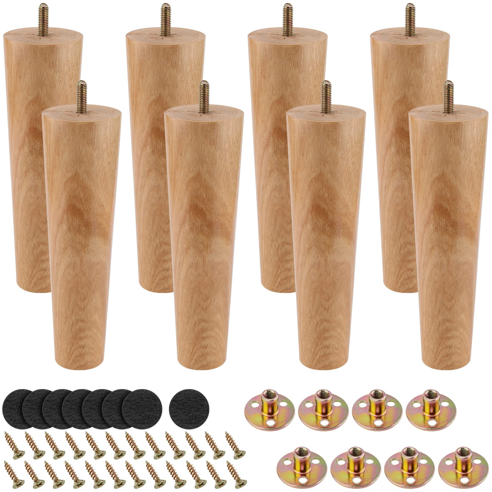 MUKLEI 8 PCS 20cm Wooden Furniture Legs, Solid Wood Sofa Legs, Dresser Legs with Mounting Plates, Screws and Non-Slip Pads Wooden Cabinet Leg for Sofas, Tables, Dressers