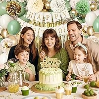 Vista 5 de Decoraciones de cumpleaños verde salvia, globos verde oliva dorado blanco arena, pancarta de feliz cumpleaños, mantel, cortina de flecos dorados