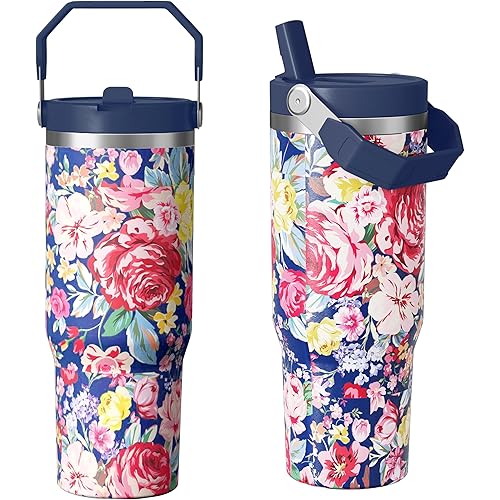 30 oz Pioneer Woman Tumbler with Straw Handle, Blue Floral Gifts for Women Who Loves Cooking, Stainless Steel Insulated Water Bottle Coffee Cups for Home Office Travel