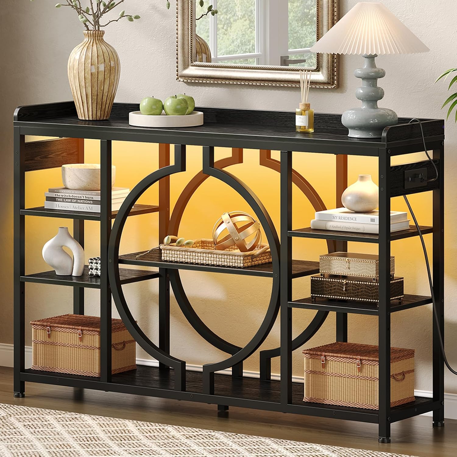 GOLDDAY 47.2 Inch Console Tables with Charging Station and LED Light, 4 Tier Black Industrial Sofa Table with storage for Entryway, Wooden Shelves Entry Table for Hallway, Entrance, Foyer, Living Room