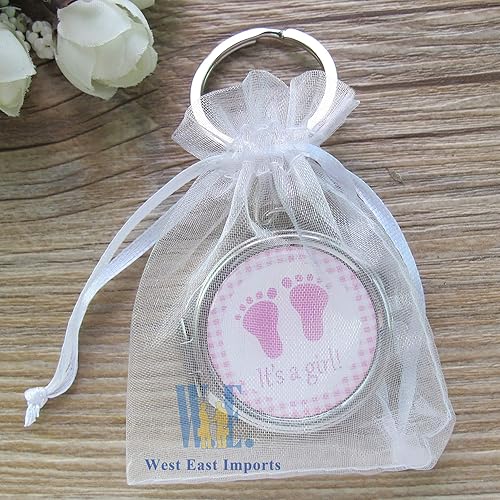 Miniatura 5 de 12 llaveros de espejo compacto para baby shower, con bolsa de organza, diseño de huella rosa, Rosado