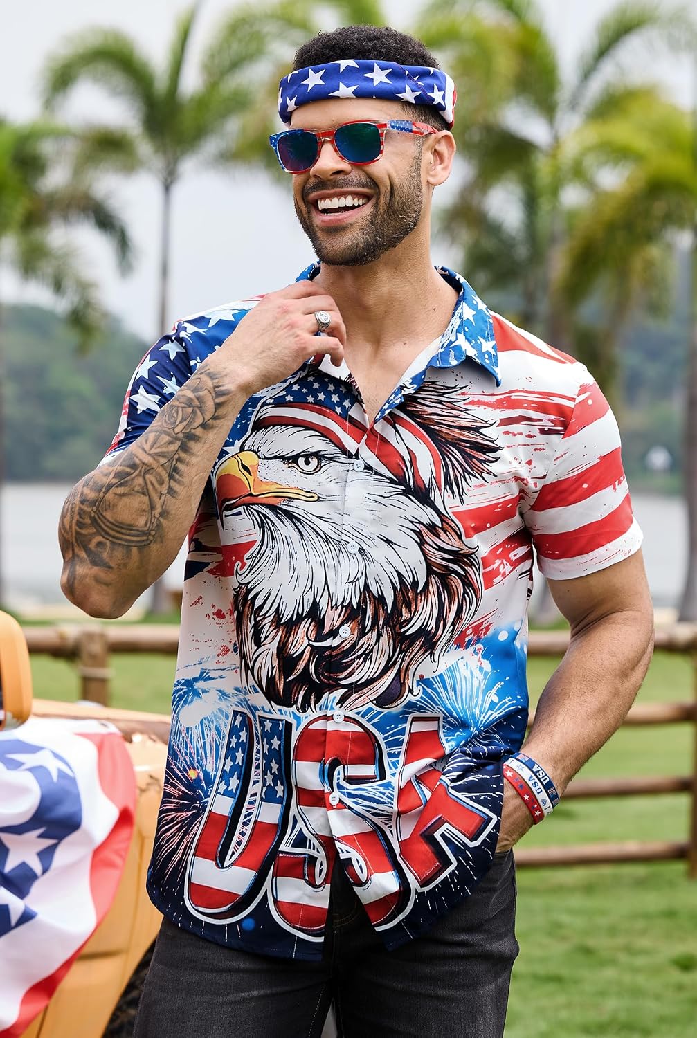 Arvilhill Men American Flag Button Shirt 4th of July Short Sleeve Shirts (S-3XL)