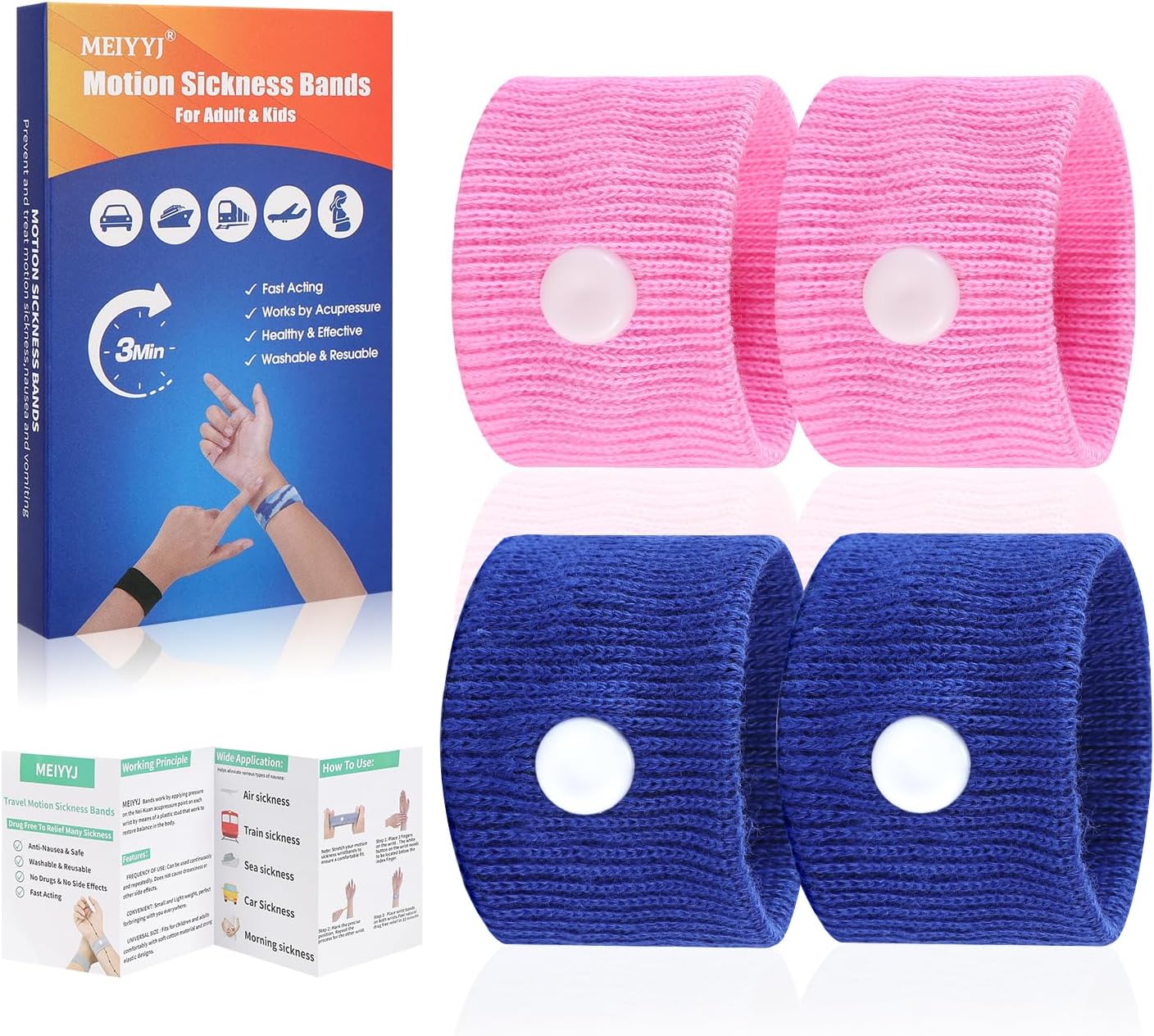 MEIYYJ Travel Sickness Bands Adult Motion Sickness Bands for Kids Cruise Travel Essentials Anti Sickness Wristbands for Pregnancy Women, 2 Pairs (Pink,Blue) MEIYYJ Travel Sickness Bands Adult Motion Sickness Bands for Kids Cruise Travel Essentials Anti Sickness Wristbands for Pregnancy Women, 2 Pairs (Pink,Blue)