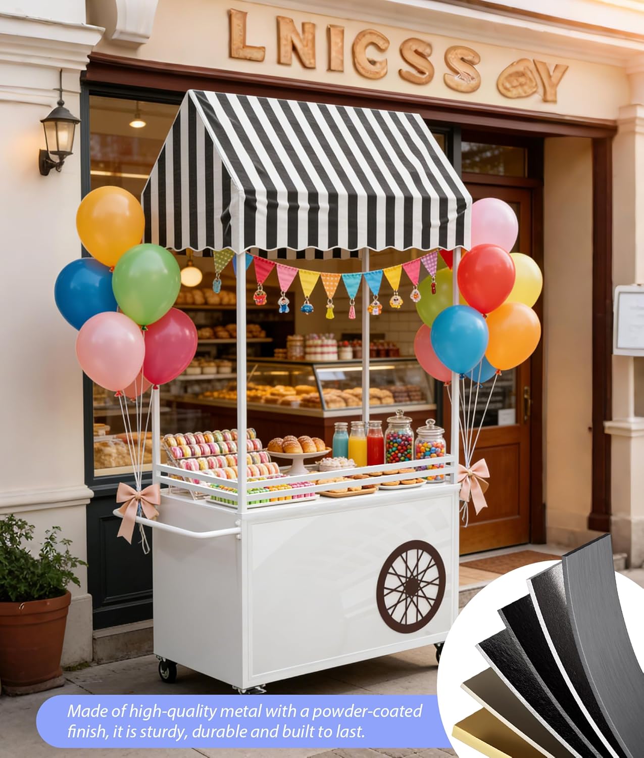 Portable Candy Cart with Canopy, 77in Tall Outdoor Food Cart 3 Drawers & Storage Cabinet 360° Large Wheels Heavy Duty Utility Cart for Party Concession Business (Small Wheel)