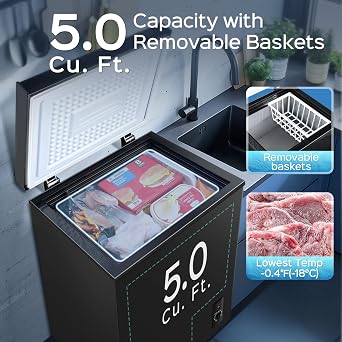 Anypro Chest Freezer 5.0 Cu.Ft, FreeStanding Top Door Compact Small Deep Mini Freezer with Removable Baskets, 7 Adjustable Temperatures for Garage Dorm Apartment RV Kitchen Business, Black