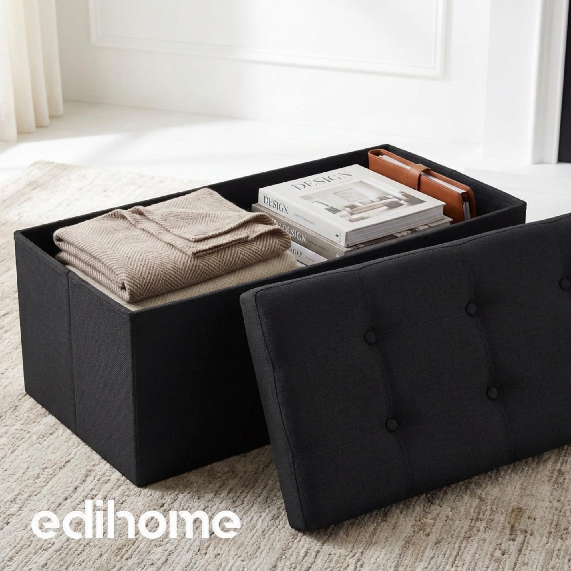Edihome, Pouf Rangement Pliable avec Couvercle en Tissu 38x76x38 cm – Coffre de Rangement, Banc Multifonction, Repose Pied Salon, Coiffeuse (Noir)