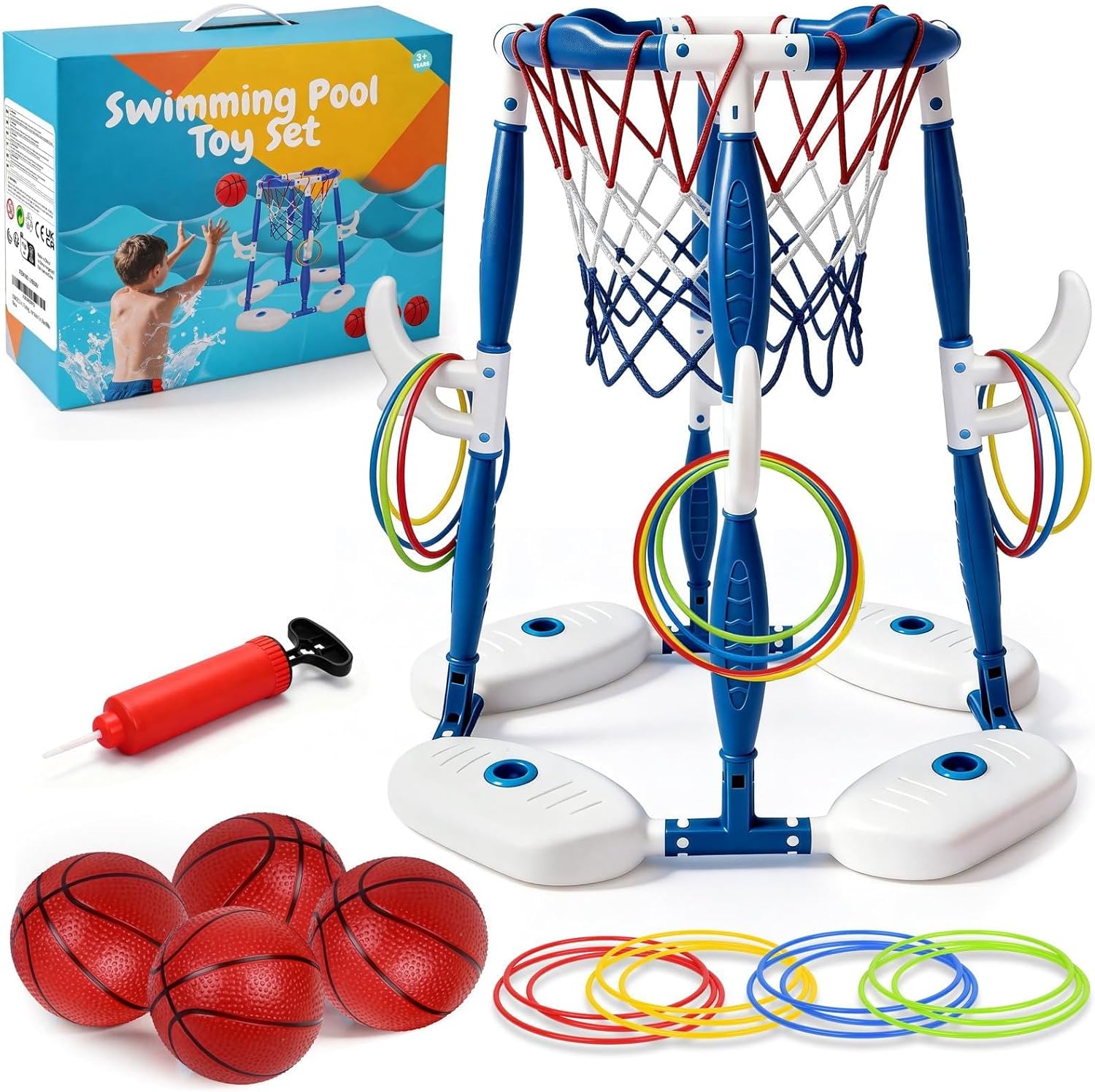 2-in-1 Floating Pool Basketball Hoop Toy Set with Hook Ring Toss Game - Includes 4 Basketballs & 12 Colorful Rings - Ultimate Pool Toy Gift for Kids & Adults, Family Fun Outdoor Water Play