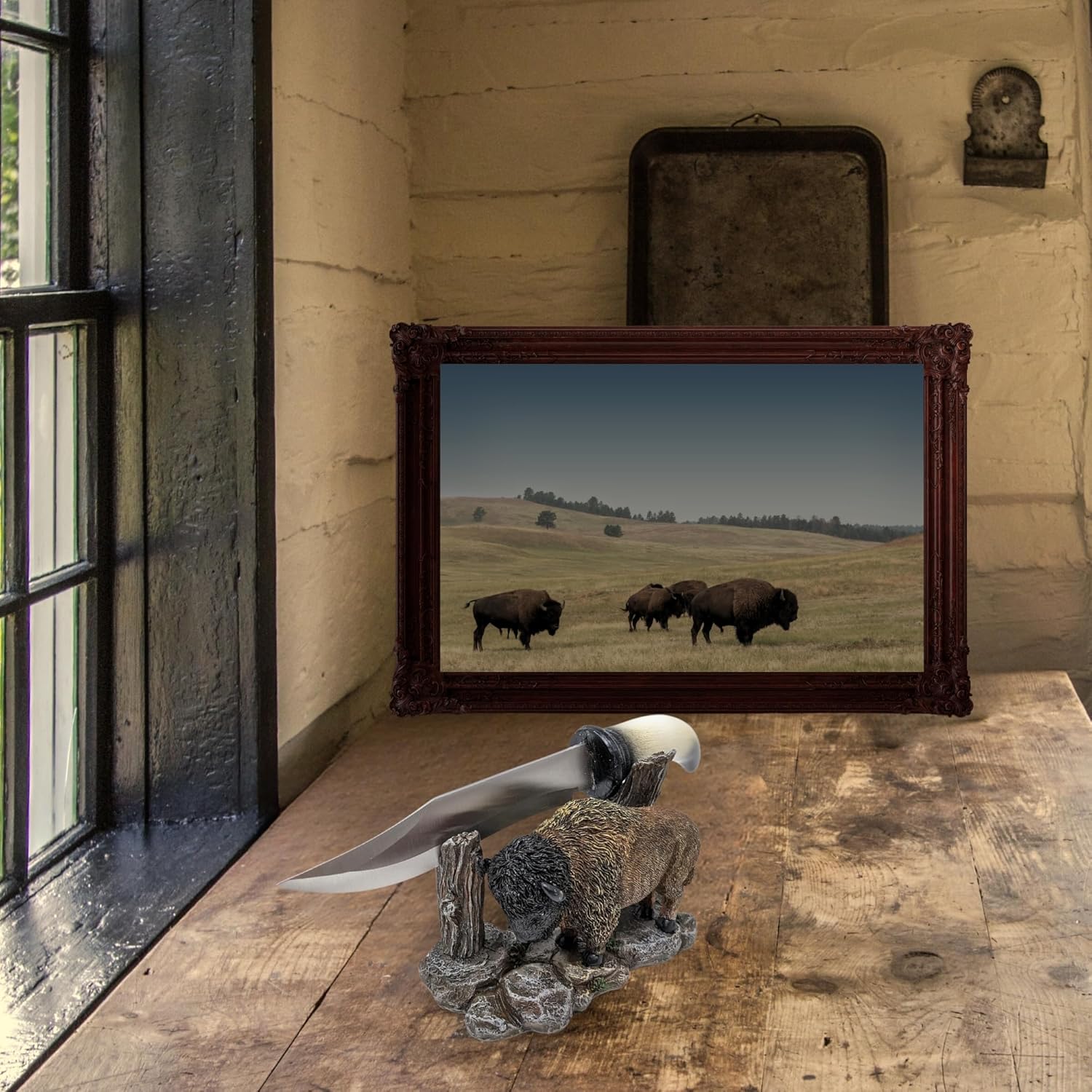 BestGiftEver American Buffalo Horn-Inspired Blade Knife with Rustic Bison Stand – Hunting Cabin and Lodge Decorative Display
