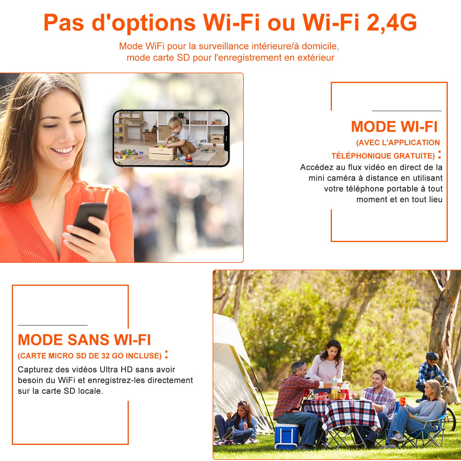 Bextgoo Mini Camera sans Fil, Options Wi-FI ou sans Wi-FI, 4K Camera de Surveillance sans Internet avec avec Carte TF 32 Go, Vision Nocturne, Mini Camera pour Maison/Intérieur/Extérieur(Noir)
