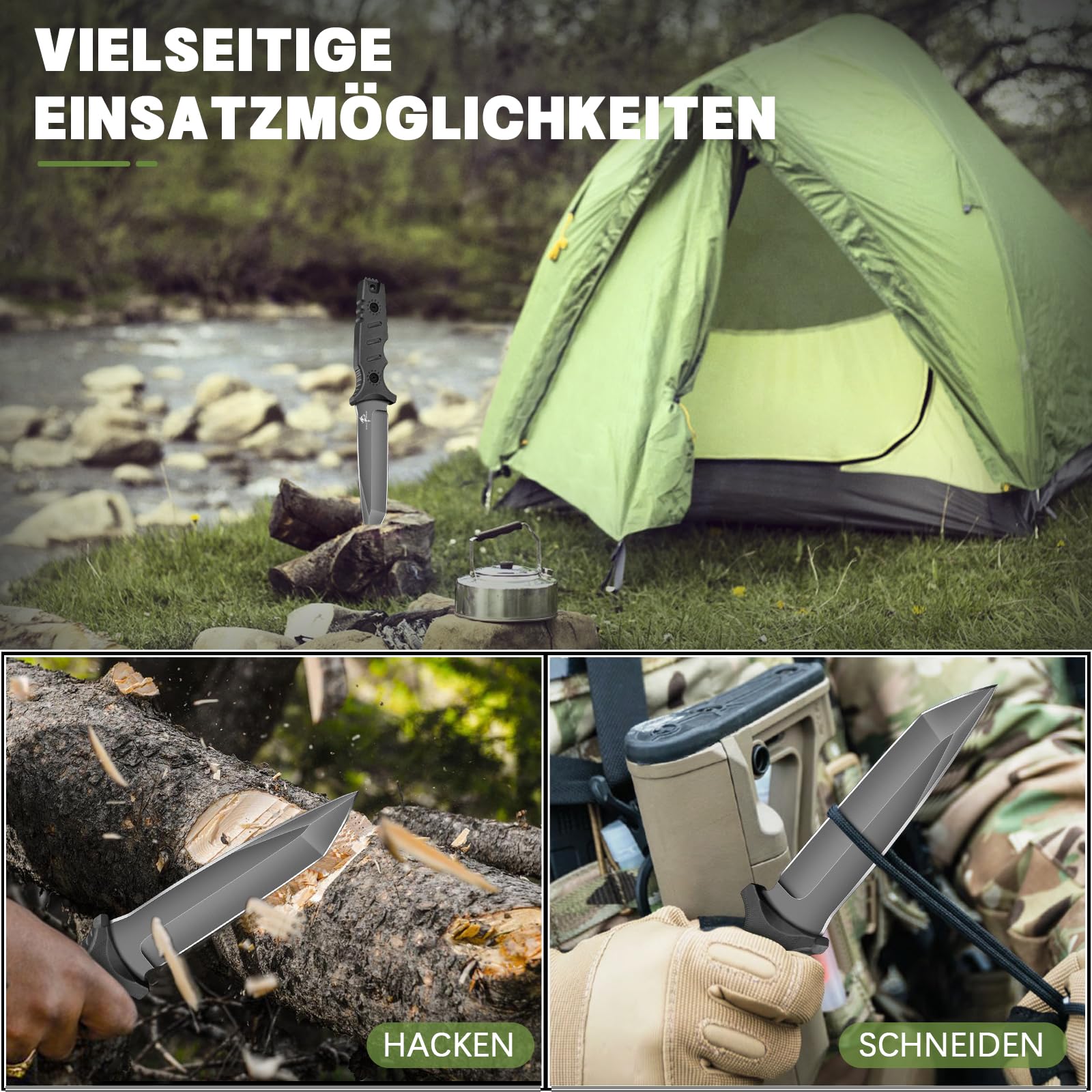 Purple Dragon Couteau de Survie Extérieur avec Étui en Kydex, Couteau à Lame Fixe en Acier D2 Forgée d'une Seule Pièce, Couteau Full Tang avec Manche G10 pour le Camping, Noir