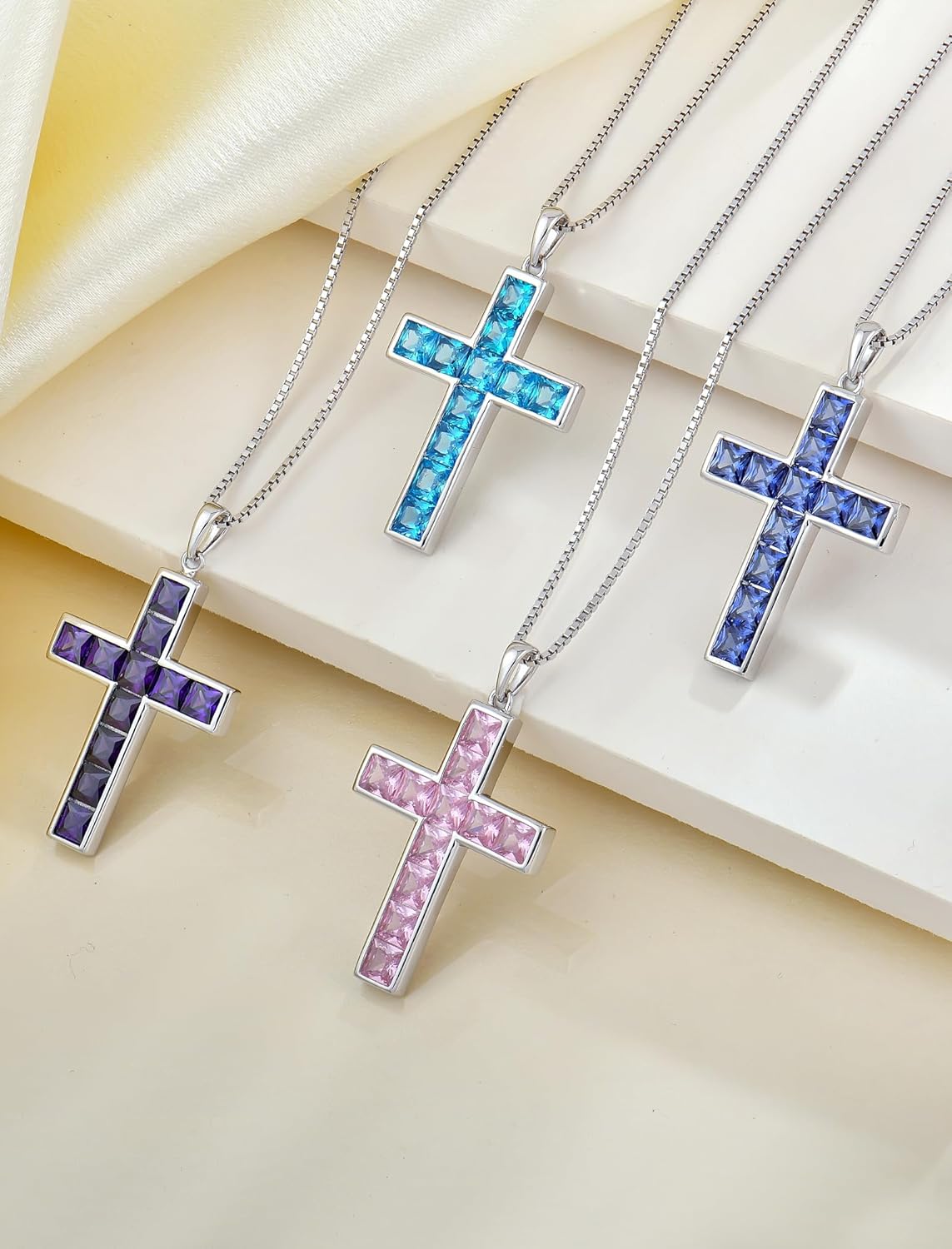 YL 925 Sterling Silver Cross Necklace for Women Halo Pendant Princess Cut Birthstone Jewelry for Mom - Image 4
