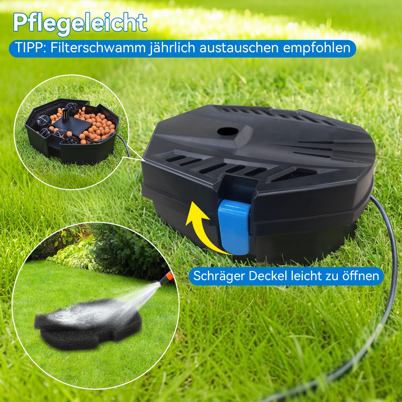 POPOSOAP Caja de filtro de estanque para estanques pequeños al aire libre, purificador de agua con tapetes de filtro/bolas orgánicas/bolas de cerámica, protección de bomba y fácil mantenimiento para