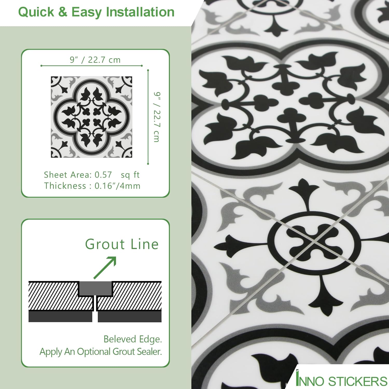 INNO STCIEKRS 16-Sheet Peel and Stick Floor and Wall Tile for Bathroom Kitchen, 9" x 9" Patterned Black SPC Self-Adhesive Vinyl Flooring Encaustic Groutable Backsplash Tile, Covers 9.12 Sq. Ft.